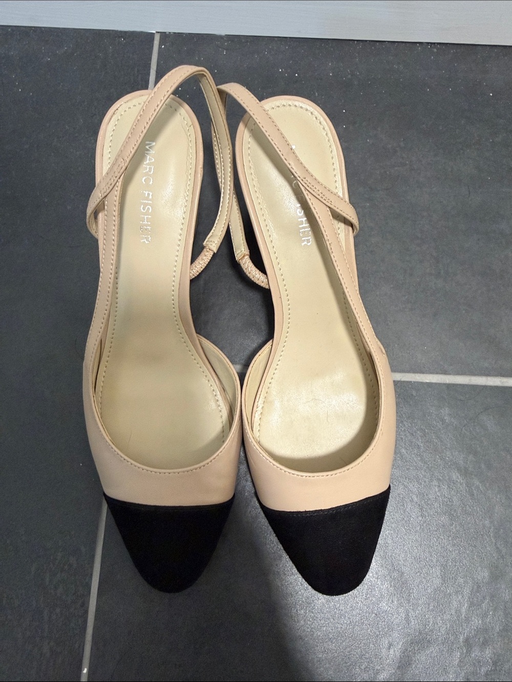 Marc Fisher Beige and Black Cap Toe Slingback Mules